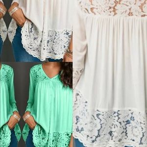 boutique lace flowy tunic large green ivory lot
